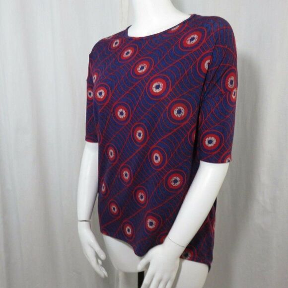 LuLaRoe XS Blue Red Spiderweb Bulls Eye Irma Tunic Shirt Top - Picture 7 of 10
